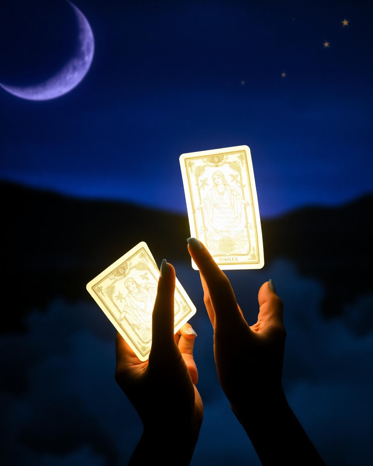 Tarot 806 por teléfono desde España Tarot 806 por teléfono con cartas de tarot iluminadas bajo la luna